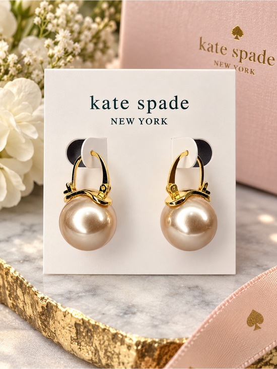 kate spade Jewelry - Kate Spade New York Gold Tone Champagne Pearl Drop Hoop Earrings